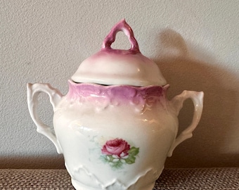Vintage Lidded Victorian Lusterware Porcelain Sugar Bowl, Pink Rose Pattern