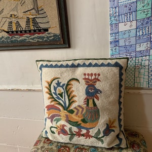 Vintage Pillow / Square Crewelwork Embroidery Folk Art Wool Bird Handmade Pillow / Colorful Couch Pillow / Throw Pillow Cover & Pillow