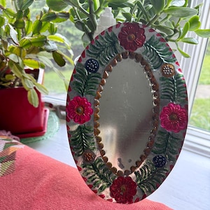 Vintage Mexican Tin Stamped Patinaed Painted Oval Floral Folk Wall Art