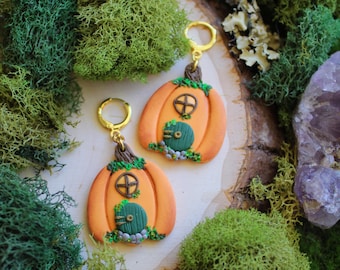 Pumpkin Hobbit Hole Polymer Clay Earrings, Fall Earrings