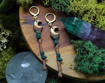Polymer Clay Mystical Staff Earrings, Druid Jewelry, Wizard Staff, Fairycore, Fantasycore Handmade Jewelry