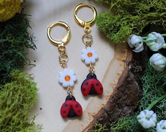Handmade Polymer Clay Ladybug Charm Earrings, Floral Earrings, Gardening Earrings, Fairycore, Hobbitcore, Whimsical Earrings