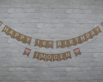 Personalized 16th Birthday Bunting Banner with Pink Hearts