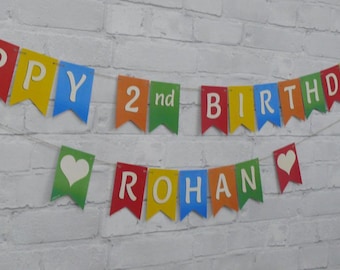 Personalized 2nd Birthday Bunting: Red, orange, green, yellow, blue