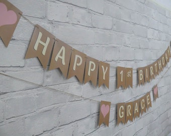 PERSONALISED BIRTHDAY BUNTING.  Happy 1st Birthday bunting, cream with coloured hearts