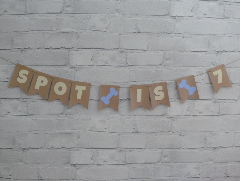 May include: A brown paper banner with the words "SPOT IS 7" in yellow letters. The banner has blue bone shapes between the words.
