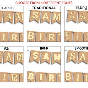 Op de afbeelding: Een banner met de naam "SAM" en het woord "BIRTH" in zes verschillende lettertypen. De banner is gemaakt van bruin papier met gouden letters. De tekst "CHOOSE FROM 6 DIFFERENT FONTS" staat bovenaan.