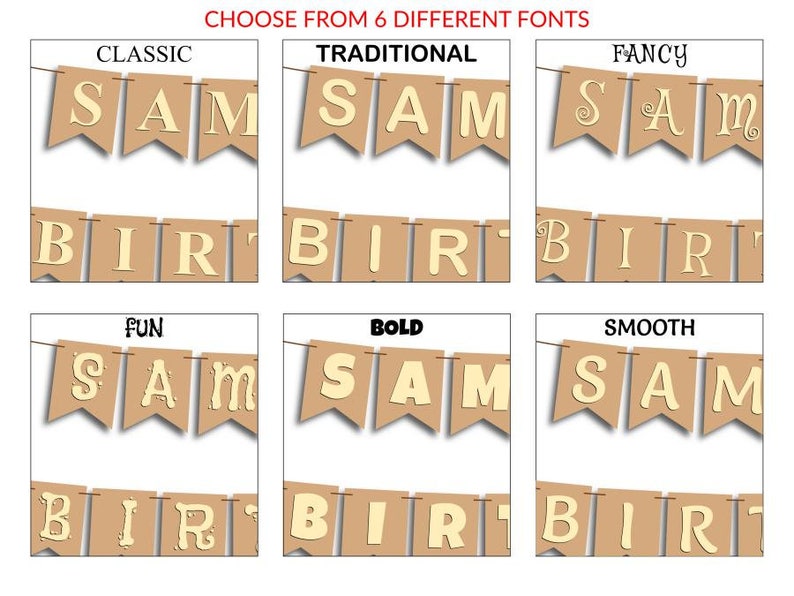Op de afbeelding: Een banner met de naam "SAM" en het woord "BIRTH" in zes verschillende lettertypen. De banner is gemaakt van bruin papier met gouden letters. De tekst "CHOOSE FROM 6 DIFFERENT FONTS" staat bovenaan.