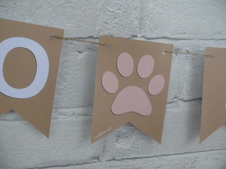 May include: A brown banner with white letters spelling "Pawty" and a pink paw print. The banner is strung with twine.