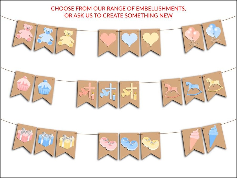 Op de afbeelding: Een banner met verschillende illustraties voor een babyshower. De illustraties omvatten teddyberen, cupcakes, harten, schommelpaarden, cadeaus, schoenen en ijshoorntjes. De banner is gemaakt van bruin papier met wit touw.