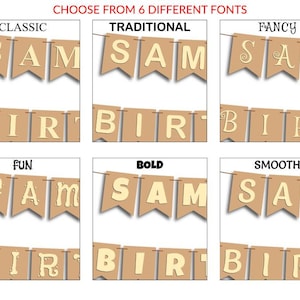May include: A banner with the name "SAM" and the word "BIRTH" is displayed in six different font styles. The banner is made of brown paper with gold lettering. The text "CHOOSE FROM 6 DIFFERENT FONTS" is at the top.
