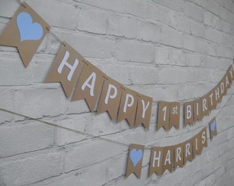 PERSONALISED 1st BIRTHDAY BUNTING.  White font, with your choice of theme pennants.