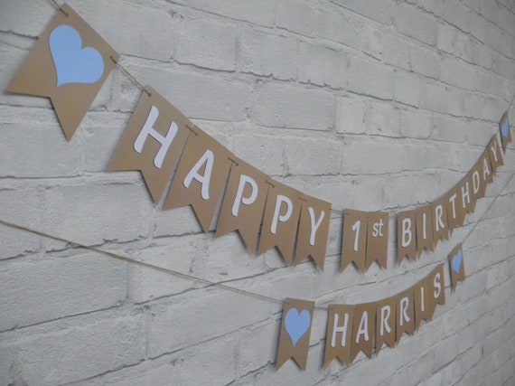 PERSONALISED 1st BIRTHDAY BUNTING.  White font, with your choice of theme pennants.