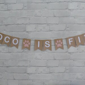 May include: A brown paper banner with white letters that reads "Coco is Five" with pink paw prints between the words.