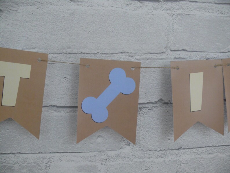 May include: A brown paper banner with the word "IT" in yellow letters and a blue bone shape in the center. The banner is strung with twine.