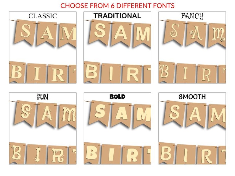 Op de afbeelding: Een banner met de tekst "SAM BIRT" in zes verschillende lettertypen: Klassiek, Traditioneel, Fancy, Leuk, Vet en Glad. De banner is gemaakt van bruin papier met een lichtgele achtergrond.