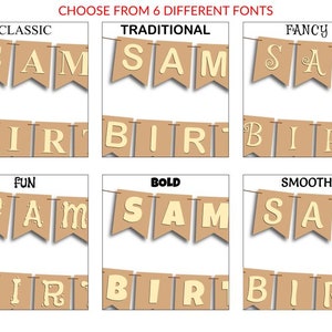 May include: A banner with the text "SAM BIRT" in six different fonts: Classic, Traditional, Fancy, Fun, Bold, and Smooth. The banner is made of brown paper with a light yellow background.