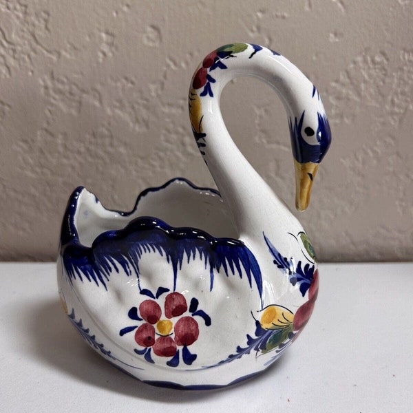 Swan Planter/trinket Dish Hand Painted In Portugal Signed