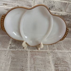 Vintage Fire King Anchor Hocking White Milk Glass Divided Relish Dish Gold Trim