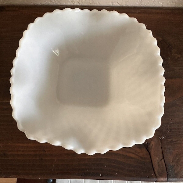 Vintage Square Bowl White Milk Glass Diamond Cut Ruffled Candy Dish
