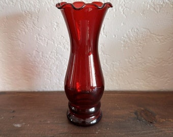 Vintage Anchor Hocking Ruby Red Glass Ruffled Edge Vase 6"
