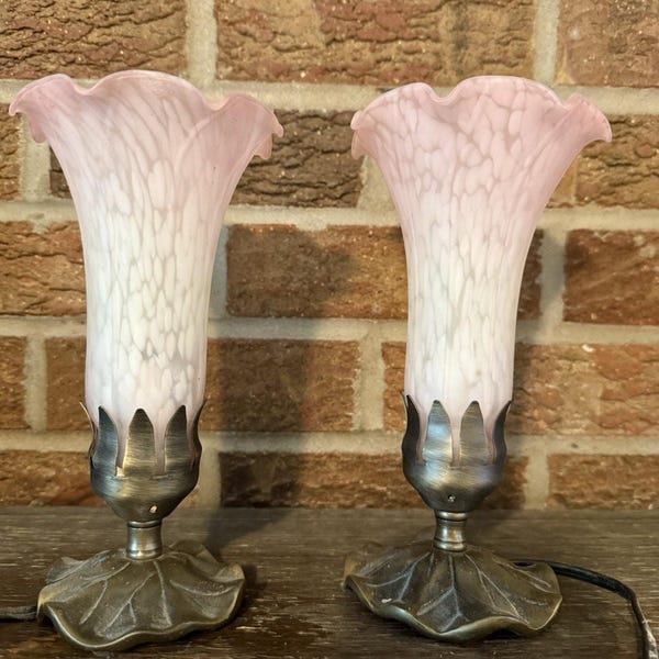 Vintage Tulip Night Lights 2 Glass Brass Base On Off On Cord A6