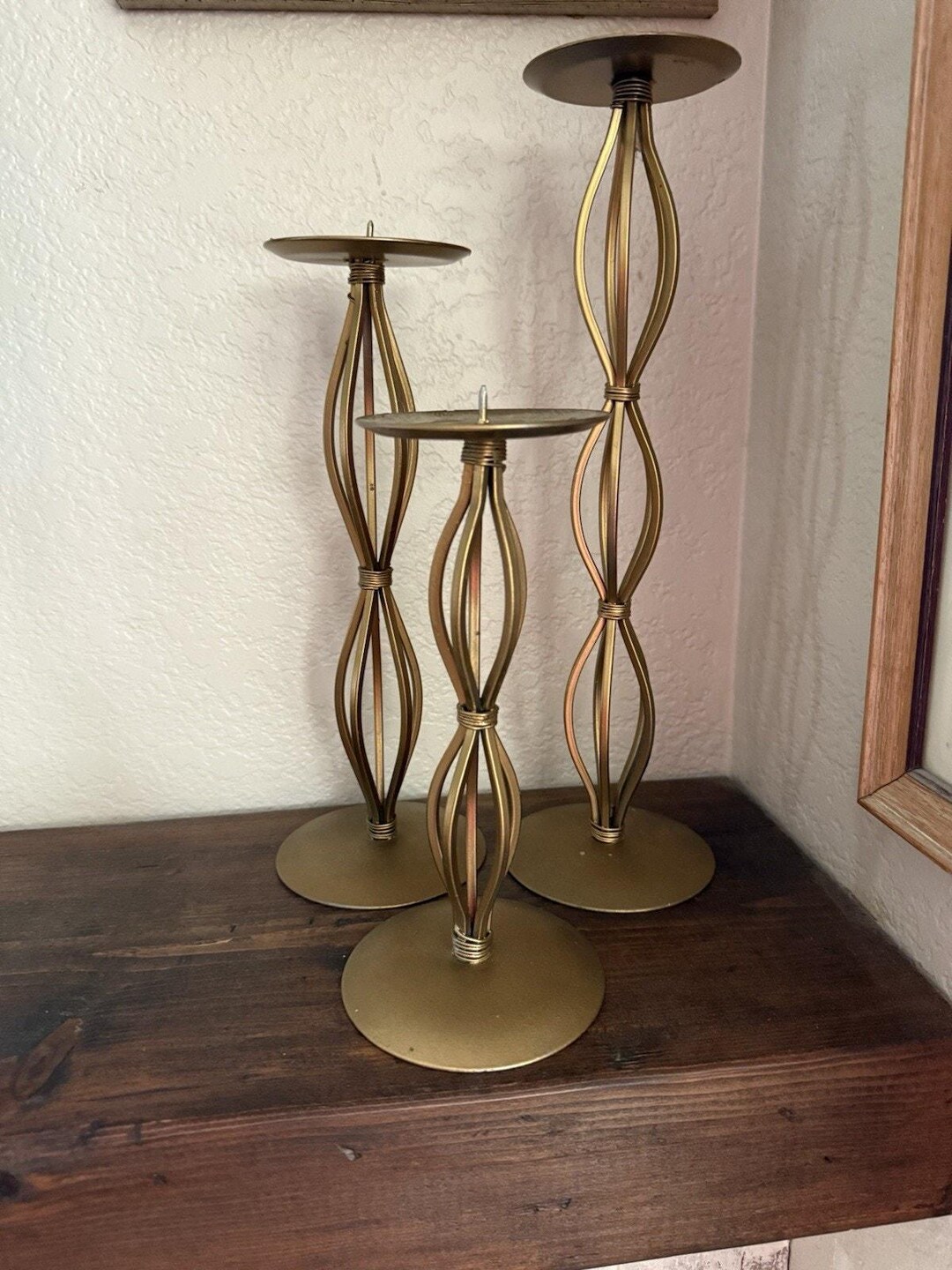 Set of 3 Metal Pillar Candle Holders Brass Tone MCM 14" 11" 9" Retro ...
