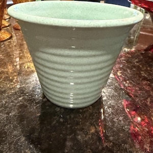 Vintage USA Pottery Planter Mint Green Speckled Ribbed Flower Pot