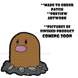 May include: A brown embroidered patch featuring a cartoon character with a pink nose and small eyes, emerging from a pile of gray rocks. The text on the image reads "MADE TO ORDER PATCH PREVIEW ARTWORK PICTURES OF FINISHED PRODUCT COMING SOON."