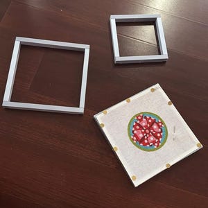 Può includere: Tre cornici quadrate color argento e una tela quadrata con un motivo floreale. La tela ha uno sfondo bianco con un bordo verde e un motivo centrale di forme rosse e rosa. Punti dorati bordano il bordo.