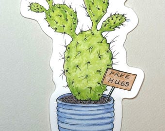 Pegatina divertida de cactus / Arte original de acuarela para botella de agua / Calcomanía impermeable de Prickly Free Hugs