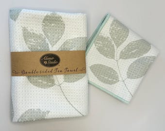 Juego de paños de cocina grandes de hojas verdes / Arte original de hojas botánicas para cocina / Microfibra absorbente