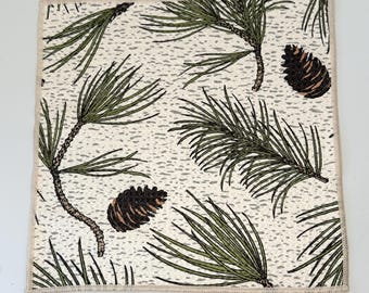 Paño de cocina botánico con piñas / Arte funcional original dibujado a mano