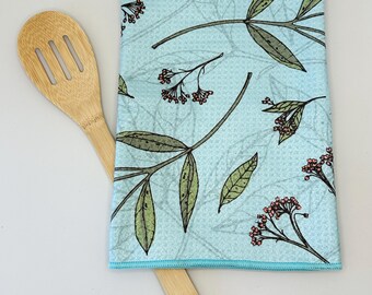 Toalla de mano grande con flores silvestres turquesas / Arte botánico original dibujado a mano para la cocina