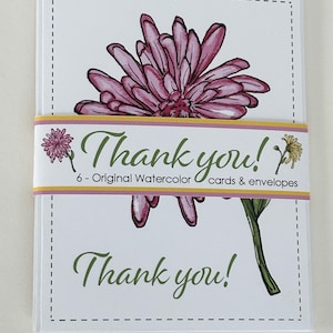 Juego de tarjetas de agradecimiento, tarjetas artísticas originales botánicas pintadas a mano, tarjetas de agradecimiento con flores, juego único de tarjetas, tarjetas de regalo para anfitriona, interior en blanco