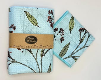 Juego de paños de cocina con diseño de flores silvestres en azul turquesa / Arte de cocina funcional botánico original dibujado a mano