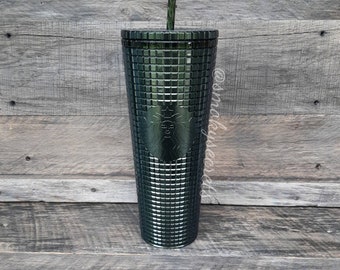 Starbucks 2022 Dark Green Shimmer Grid Venti Reusable Cold 24 oz Cup