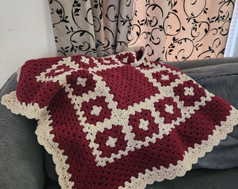 Baby Blanket; Red and Tan; Burgundy; Cream; Crochet; Beige; Afghan