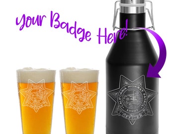 Pint Glass and Growler set- Personalized-Laser Engraved - Fire Police Sheriff Trooper Badge Gift -