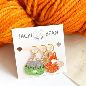 Happy Camper Knitting Crochet Stitch Markers, Progress Keepers, Set of 3 Stitch Markers, Fox/Flower/ Tent Charms, Fox Progress Keepers