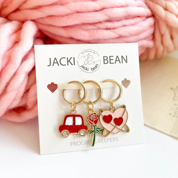 Be My Valentine Knitting Crochet Stitch Markers, Love Progress Keepers, Heart / Love Set of 3 Stitch Markers, Rose/Heart/Car Charms