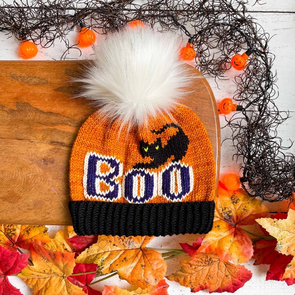 KNITTING PATTERN: Boo To You Beanie /Knit Hat Pattern,Duplicate Stitch Knitting,Worsted weight Halloween hat pattern,Instant Download