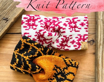 KNITTING PATTERN: The Fiber Web Headband / 2 Knit Ear Warmer Patterns, Halloween Stranded Colorwork Knitting Patterns ,Worsted Knit Pattern