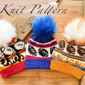 KNITTING PATTERN: Touchdown Beanie /Football Knit Hat Patterns,2 Stranded Colorwork Hat Patterns,Worsted Weight KnitPattern,Instant Download