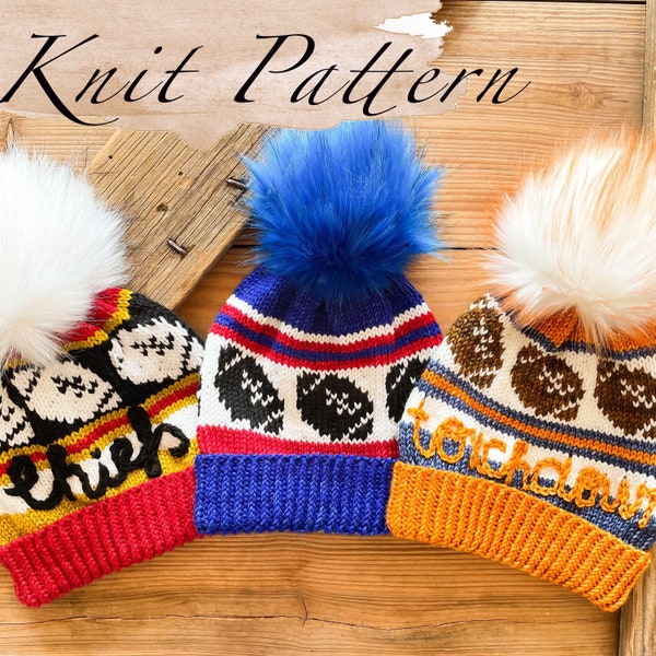 KNITTING PATTERN: Touchdown Beanie /Football Knit Hat Patterns,2 Stranded Colorwork Hat Patterns,Worsted Weight KnitPattern,Instant Download