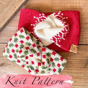 KNITTING PATTERN: The Holly Berry Headband / 2 Knit Ear Warmer Patterns, Holiday Stranded Colorwork Knitting Patterns ,Worsted Knit Pattern