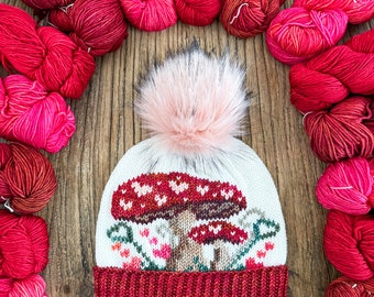 KNITTING PATTERN: Love Mushroom Beanie / Knit Hat Pattern,Duplicate Stitch Knitting,Worsted weight Valentine hat pattern,Instant Download