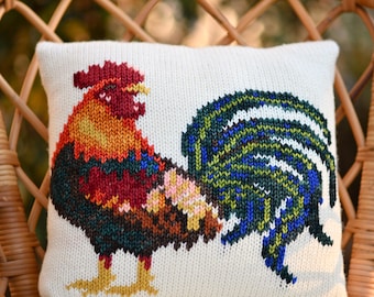 KNITTING PATTERN: Heirloom Rooster Pillow / Knit Pillow Pattern, Duplicate Stitch Knitting, Rooster Pillow, Instant Download