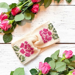 KNITTING PATTERN: Rose Garden Headband /Knit Ear Warmer Pattern, Stranded Colorwork, Worsted weight Pattern, Ear Warmer, Instant Download