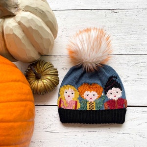 Puede incluir: Un gorro de punto azul con un pompón blanco y una imagen bordada de tres personajes de la película Hocus Pocus. Los personajes llevan atuendos coloridos y tienen caras sonrientes.